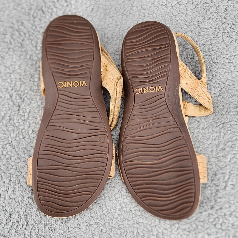 Vionic Farra Tan Cork Sandals Sz 8 Gold Details Ankle Strap Comfort Boho - Picture 7 of 11